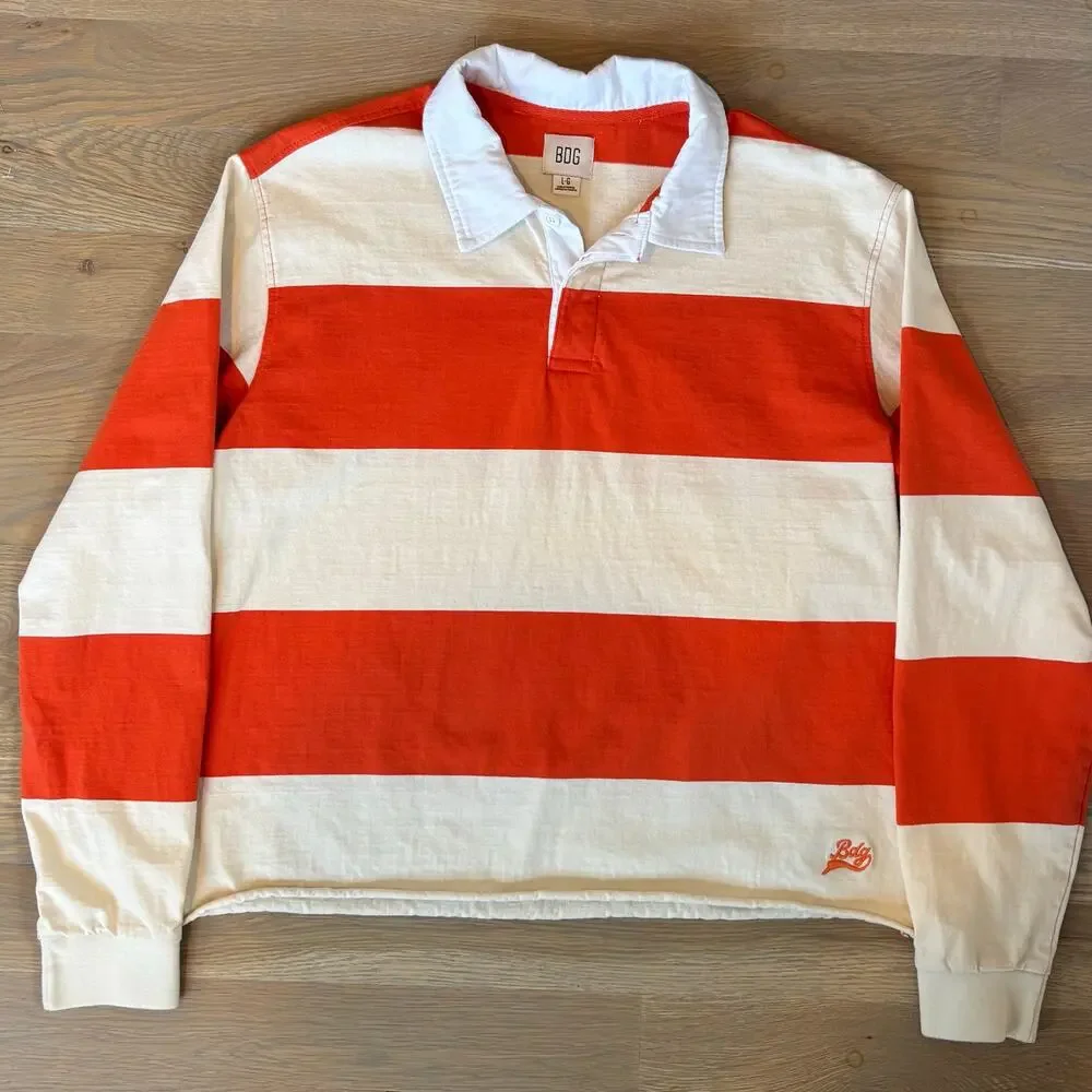 Urban Outfitters BDG Classic Cutoff Rugby Shirt Wide Stripe Orange Mens Large - Picture 8 of 11